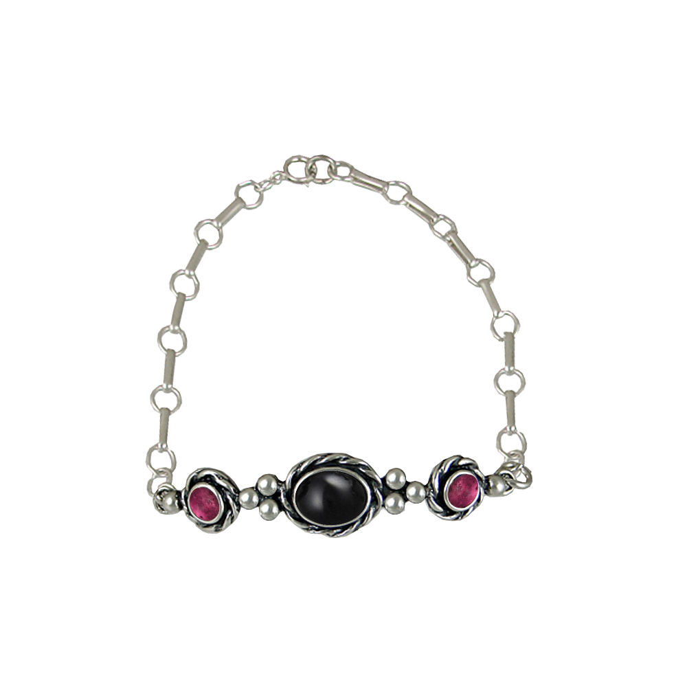 Sterling Silver Gemstone Adjustable Chain Bracelet With Black Onyx And Pink Tourmaline